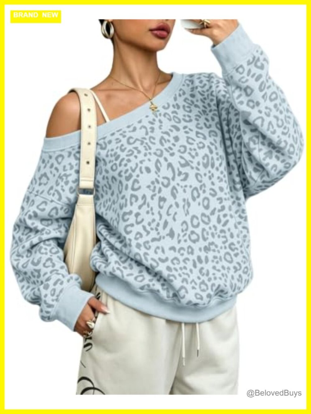 Oversized One Shoulder Leopard Print Fleece Sweatshirt Drop Shoulder Pullover